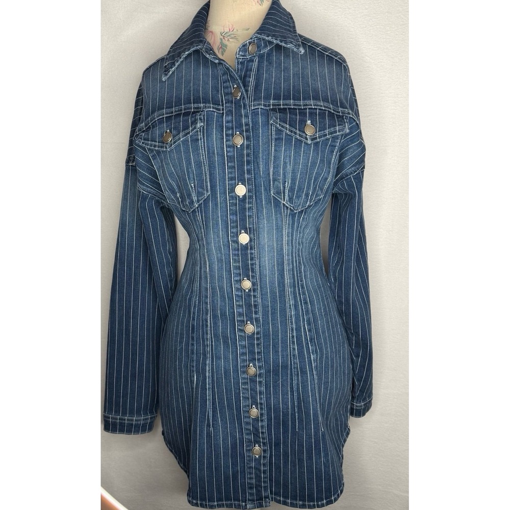 Good American Shaped Denim Dress Stripe Button Front Pinstripe Shirt Dress S NWT